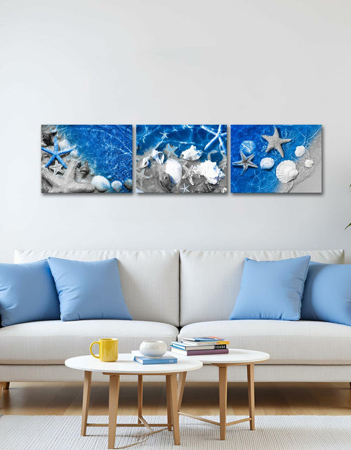 Load image into Gallery viewer, FuShvre Beach Canvas Wall Art Sea Shell Pictures Blue 12x16 3pcs Coastal
