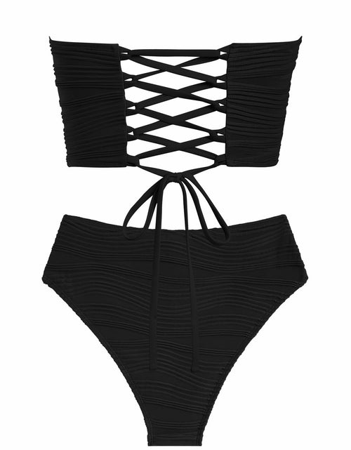 Load image into Gallery viewer, ZAFUL Women Strapless Bandeau Lace Up Bikini Set High Waisted Black Size S
