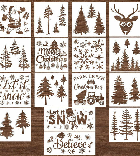 Suartus Christmas Stencils 16pcs Pine Trees Snowflake Elk Santa Reusable
