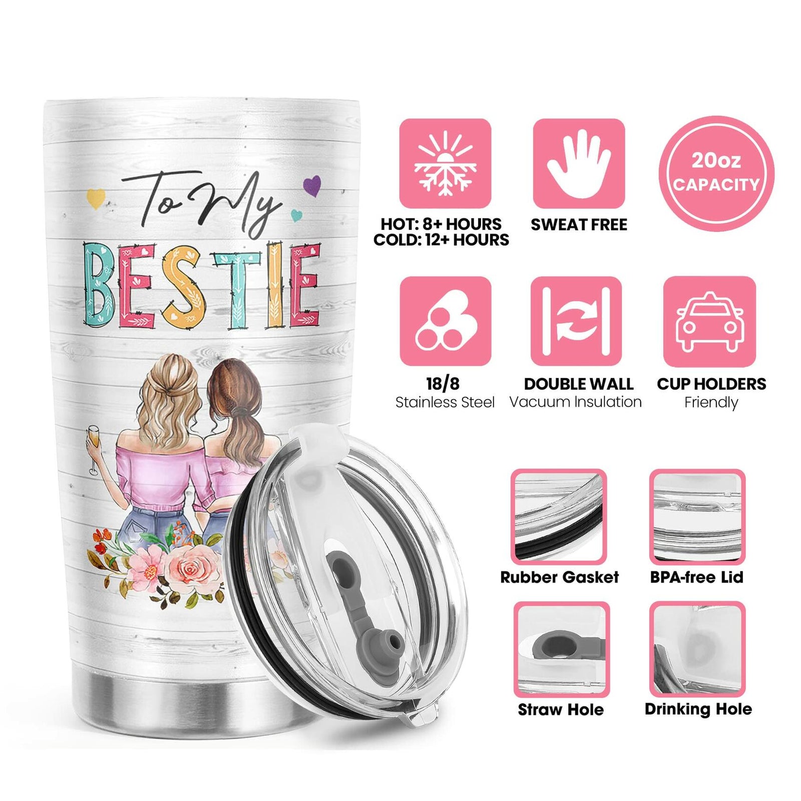 Pawzity 20 Oz White Stainless Steel Coffee Tumbler Gift for Women Friends