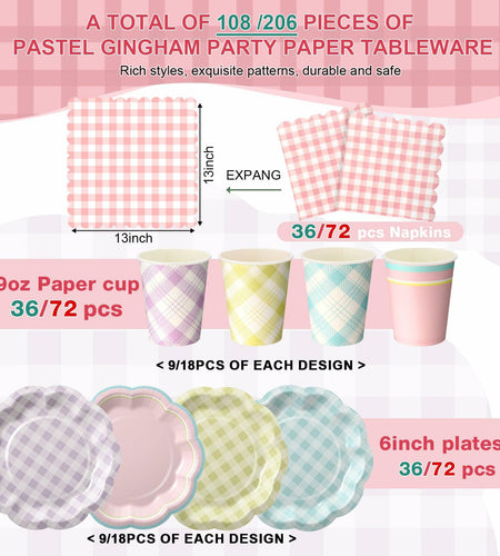 Yungyan 216 Pc Gingham Party Supplies Set Plates Cups Napkins Classic Color