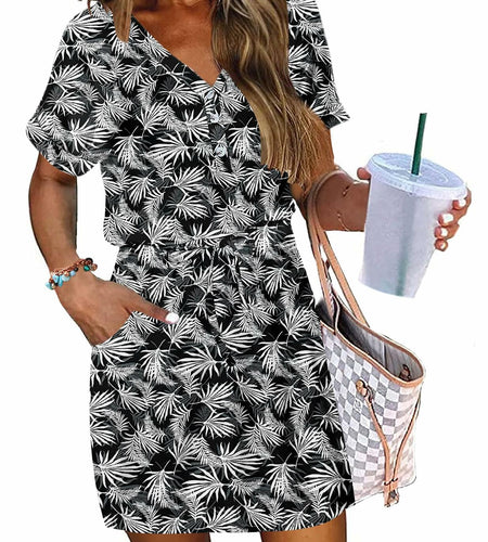 AUSELILY Womens Summer Dress V Neck Tie Button Pockets Rainforest Leaf Size XL