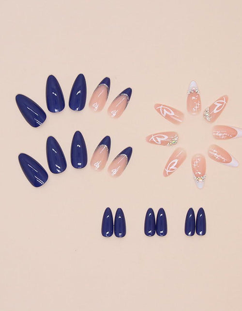 Load image into Gallery viewer, YEFIUO Press On Nails 24 Pcs Short Almond French Blue &amp; White Rhinestones
