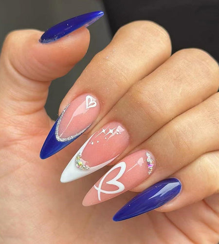 YEFIUO Press On Nails 24 Pcs Short Almond French Blue & White Rhinestones