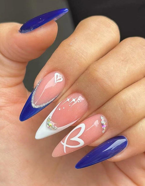Load image into Gallery viewer, YEFIUO Press On Nails 24 Pcs Short Almond French Blue &amp; White Rhinestones
