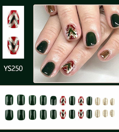 WLGDLH 24Pcs Dark Green Square Christmas Tree Glitter Press On Nails