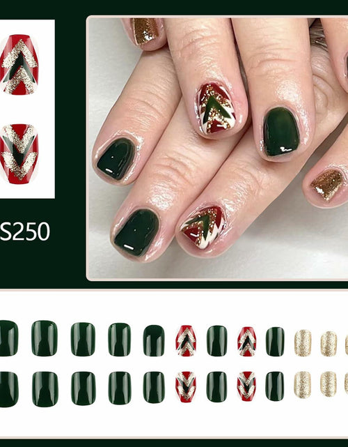 Load image into Gallery viewer, WLGDLH 24Pcs Dark Green Square Christmas Tree Glitter Press On Nails
