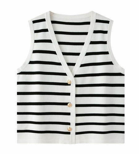 Chevara Women's Sleeveless Striped Sweater Vest V Neck White Size S