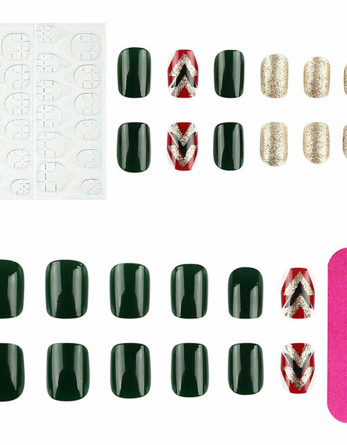 Load image into Gallery viewer, WLGDLH 24Pcs Dark Green Square Christmas Tree Glitter Press On Nails
