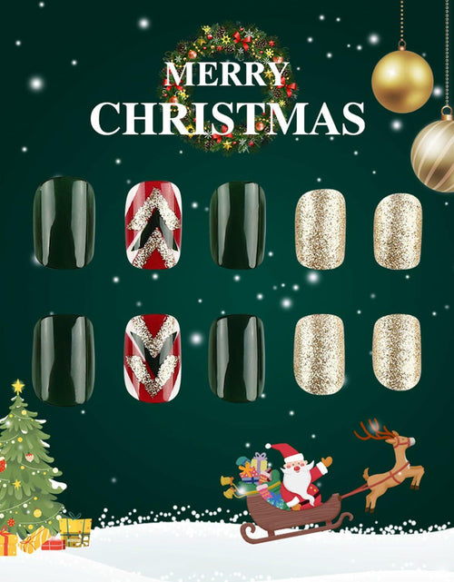 Load image into Gallery viewer, WLGDLH 24Pcs Dark Green Square Christmas Tree Glitter Press On Nails
