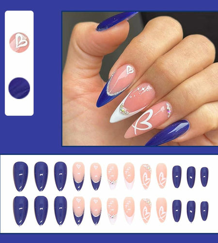 YEFIUO Press On Nails 24 Pcs Short Almond French Blue & White Rhinestones
