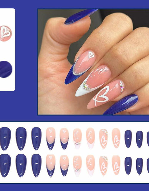 Load image into Gallery viewer, YEFIUO Press On Nails 24 Pcs Short Almond French Blue &amp; White Rhinestones
