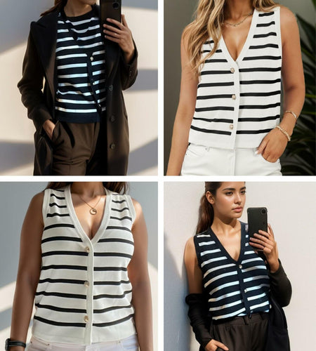 Chevara Women's Sleeveless Striped Sweater Vest V Neck White Size S
