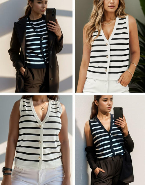 Load image into Gallery viewer, Chevara Women's Sleeveless Striped Sweater Vest V Neck White Size S
