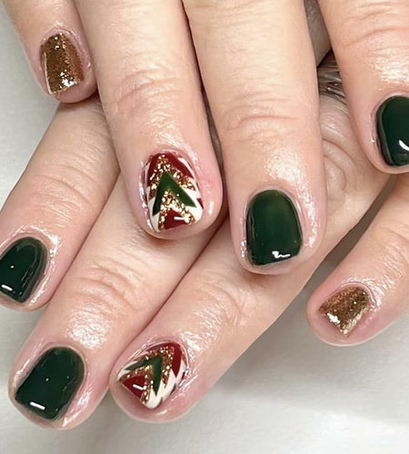 WLGDLH 24Pcs Dark Green Square Christmas Tree Glitter Press On Nails