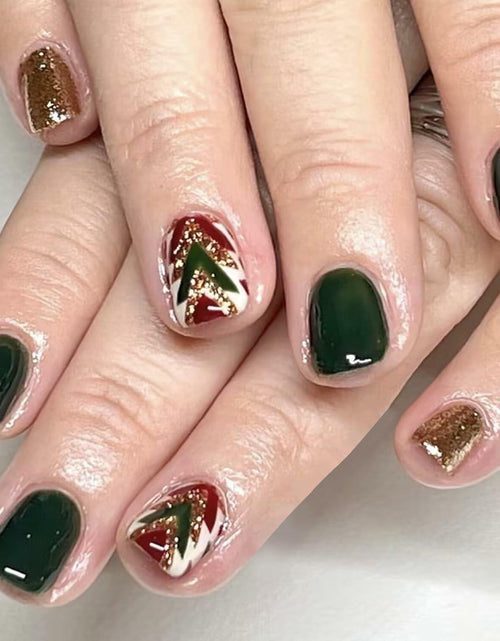 Load image into Gallery viewer, WLGDLH 24Pcs Dark Green Square Christmas Tree Glitter Press On Nails
