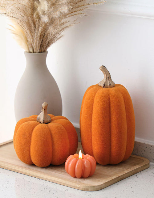 Load image into Gallery viewer, Vicenpal 2 Pcs Orange Foam Pumpkins Fall Thanksgiving Decor Flocked Velvet
