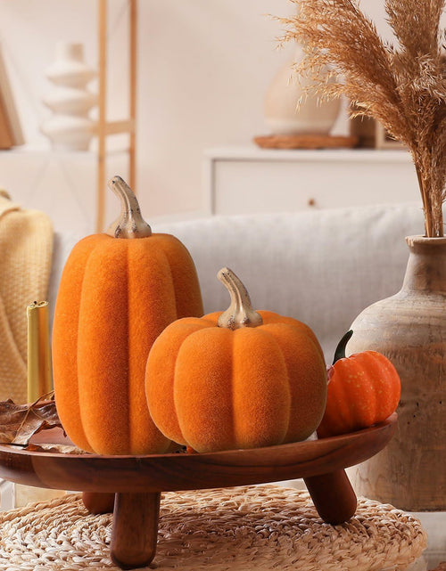 Load image into Gallery viewer, Vicenpal 2 Pcs Orange Foam Pumpkins Fall Thanksgiving Decor Flocked Velvet
