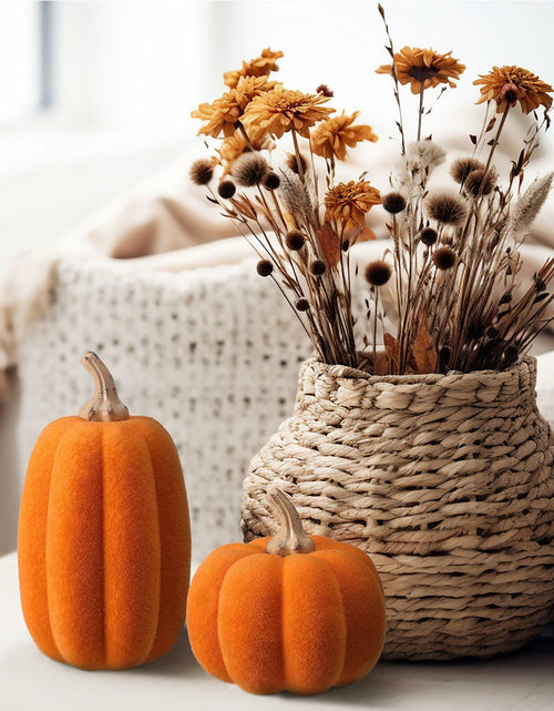 Load image into Gallery viewer, Vicenpal 2 Pcs Orange Foam Pumpkins Fall Thanksgiving Decor Flocked Velvet
