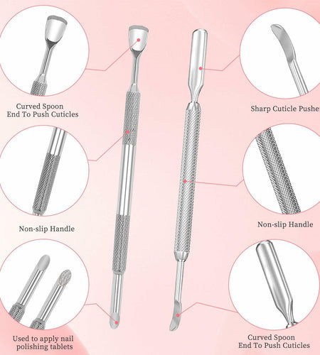 BOMOQING Cuticle Pusher 2PCS & 60 Nail Sand Polishing Tablets Silver Kit