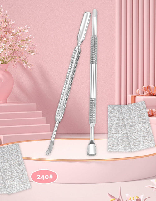 Load image into Gallery viewer, BOMOQING Cuticle Pusher 2PCS &amp; 60 Nail Sand Polishing Tablets Silver Kit
