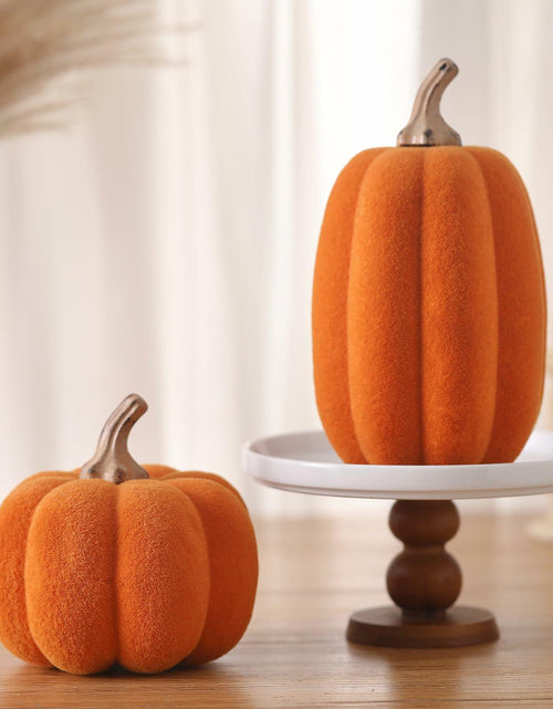 Load image into Gallery viewer, Vicenpal 2 Pcs Orange Foam Pumpkins Fall Thanksgiving Decor Flocked Velvet
