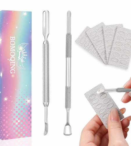 BOMOQING Cuticle Pusher 2PCS & 60 Nail Sand Polishing Tablets Silver Kit