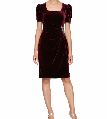Alex Evenings Women's Velvet Puff Sleeve Cocktail Gown Wine Size 4