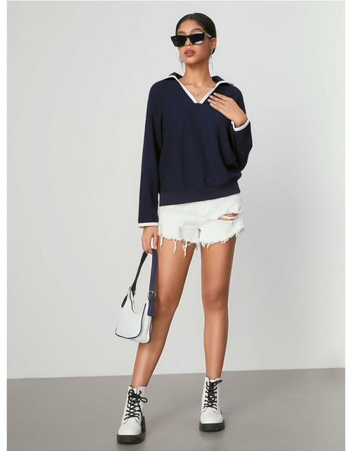 Load image into Gallery viewer, WDIRARA Women's V Neck Letter Graphic Sweatshirt Navy Blue Size S
