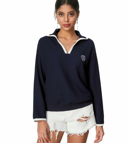WDIRARA Women's V Neck Letter Graphic Sweatshirt Navy Blue Size S