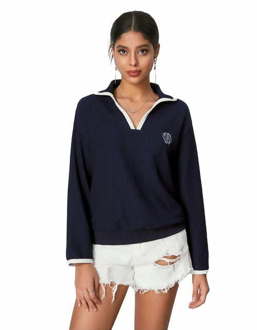 Load image into Gallery viewer, WDIRARA Women's V Neck Letter Graphic Sweatshirt Navy Blue Size S

