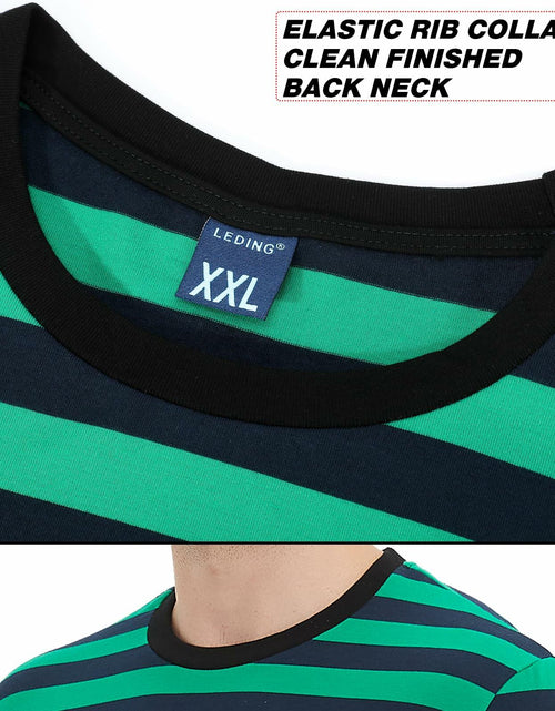 Load image into Gallery viewer, LEDING Stripes Men's Summer Cotton Short Sleeve Crew Neck T-Shirt Green&amp;Blue S

