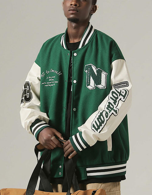Load image into Gallery viewer, Crazyfire Mens Varsity Letterman Bomber Jacket Leather Sleeves Black Size S
