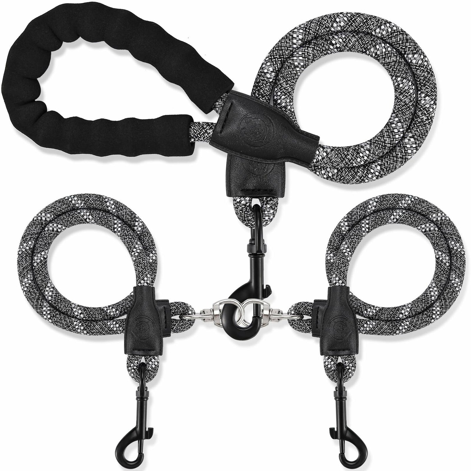 Mengbei Tribe Double Dog Leash Detachable 360° Swivel Reflective Grey Size L