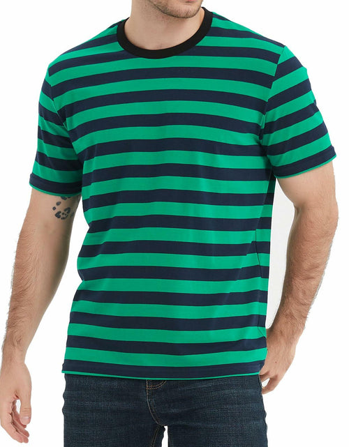 Load image into Gallery viewer, LEDING Stripes Men's Summer Cotton Short Sleeve Crew Neck T-Shirt Green&amp;Blue S
