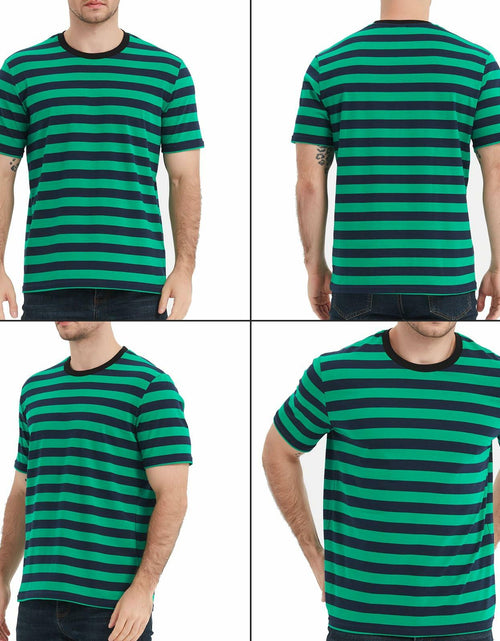 Load image into Gallery viewer, LEDING Stripes Men's Summer Cotton Short Sleeve Crew Neck T-Shirt Green&amp;Blue S

