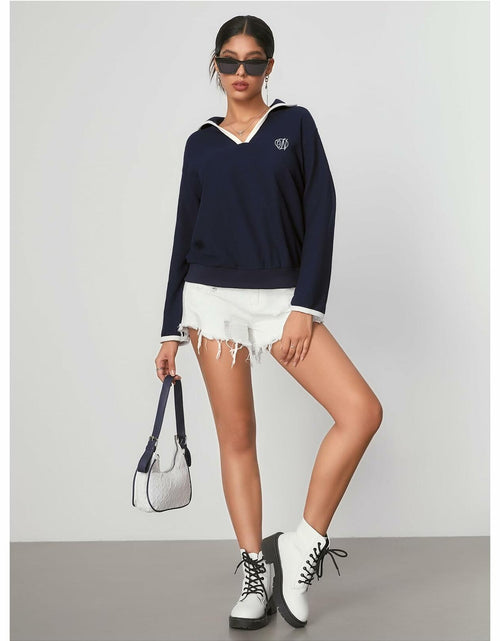 Load image into Gallery viewer, WDIRARA Women's V Neck Letter Graphic Sweatshirt Navy Blue Size S
