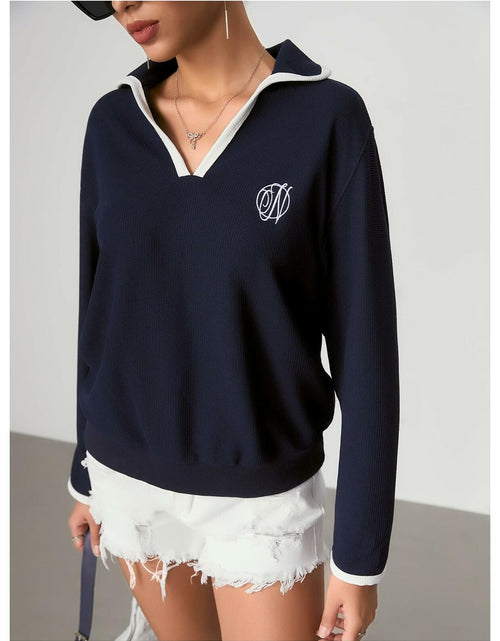 Load image into Gallery viewer, WDIRARA Women's V Neck Letter Graphic Sweatshirt Navy Blue Size S
