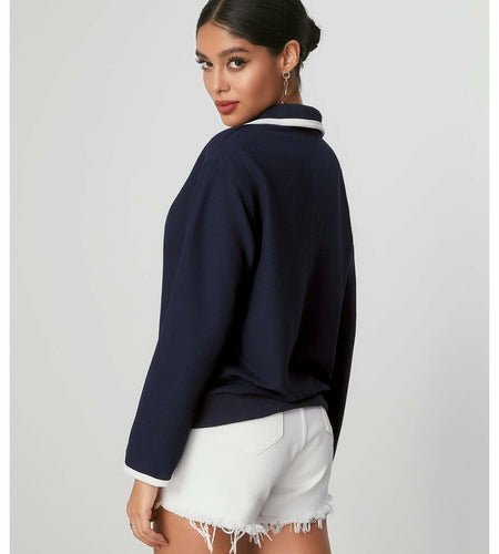 WDIRARA Women's V Neck Letter Graphic Sweatshirt Navy Blue Size S
