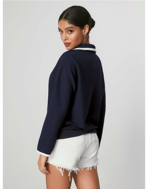 Load image into Gallery viewer, WDIRARA Women's V Neck Letter Graphic Sweatshirt Navy Blue Size S
