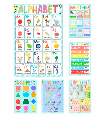 ARNOLILI Toddler Educational Canvas Posters 6 Pack ABC Numbers Shapes 12x18in