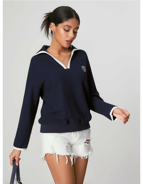 Load image into Gallery viewer, WDIRARA Women's V Neck Letter Graphic Sweatshirt Navy Blue Size S
