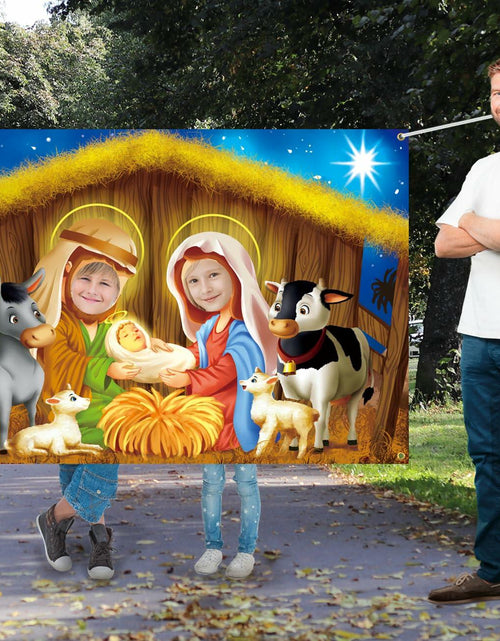 Load image into Gallery viewer, DoraDream Nativity Scene Face Hole Backdrop 5x3.3 ft Rustic Christmas
