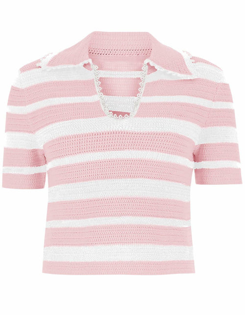 Load image into Gallery viewer, Saodimallsu Womens Cropped Striped Sweater Top V Neck Pink
