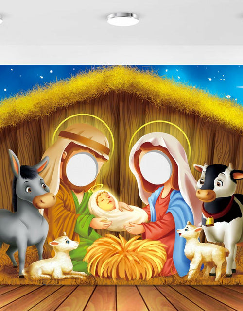 Load image into Gallery viewer, DoraDream Nativity Scene Face Hole Backdrop 5x3.3 ft Rustic Christmas
