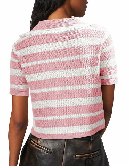 Load image into Gallery viewer, Saodimallsu Womens Cropped Striped Sweater Top V Neck Pink
