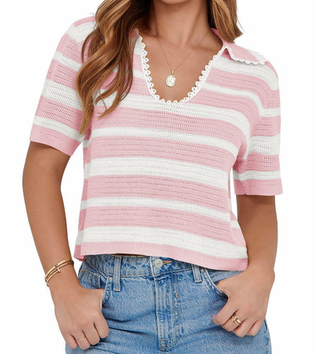 Saodimallsu Womens Cropped Striped Sweater Top V Neck Pink