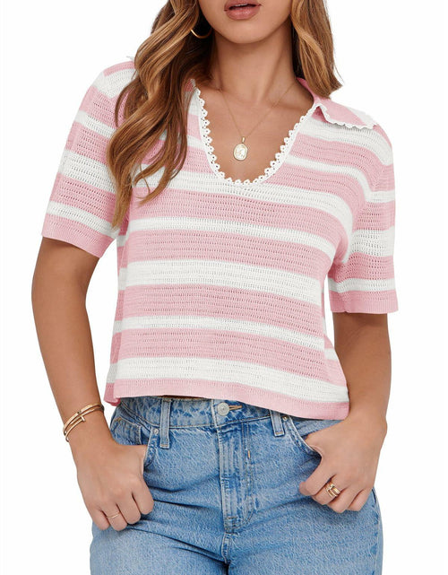 Load image into Gallery viewer, Saodimallsu Womens Cropped Striped Sweater Top V Neck Pink
