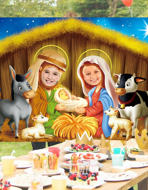 Load image into Gallery viewer, DoraDream Nativity Scene Face Hole Backdrop 5x3.3 ft Rustic Christmas
