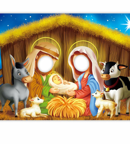 DoraDream Nativity Scene Face Hole Backdrop 5x3.3 ft Rustic Christmas
